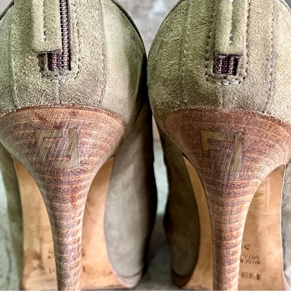 Fendi FF Logo Gray and Beige Mesh Suede High Heel Booties - Picture 8 of 10